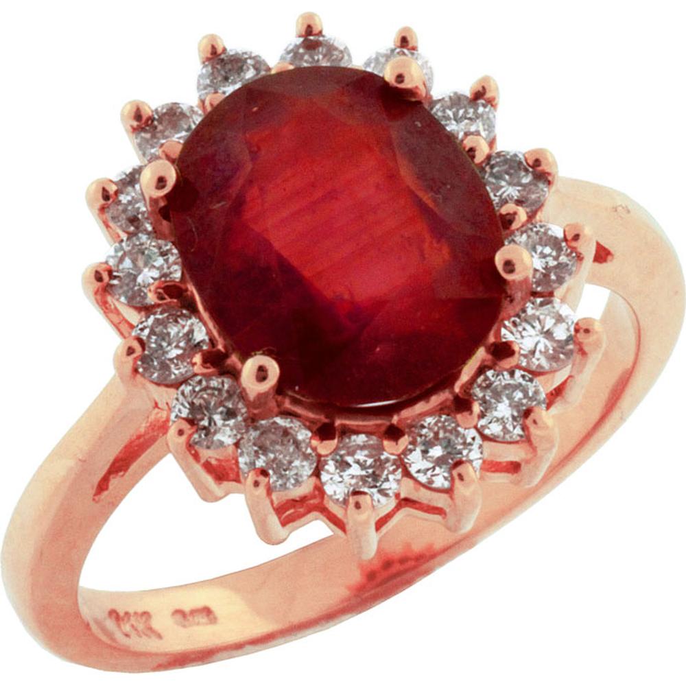 14K Rose Gold Ruby & Diamond Halo Ring - 3.10 Carats Ruby, 0.65 Carats Total Diamond Weight