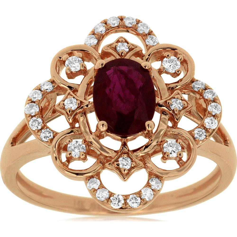 14K Rose Gold Ruby & Diamond Halo Ring with 0.90 Carat Oval Ruby and 0.22 Carat Total Diamond Weight