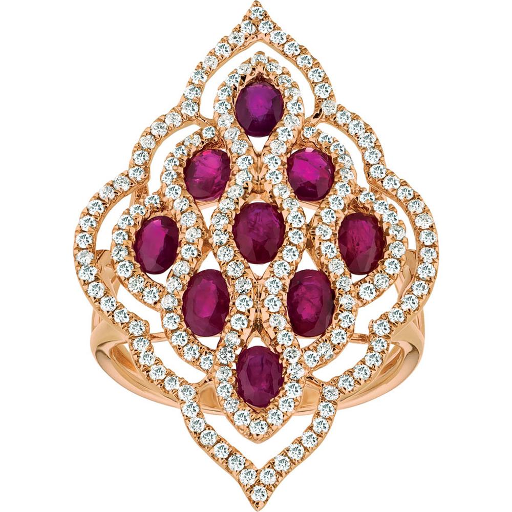 14K Rose Gold Ruby & Diamond Halo Ring with 1.85 Carats Rubies & 0.88 Carats Diamonds