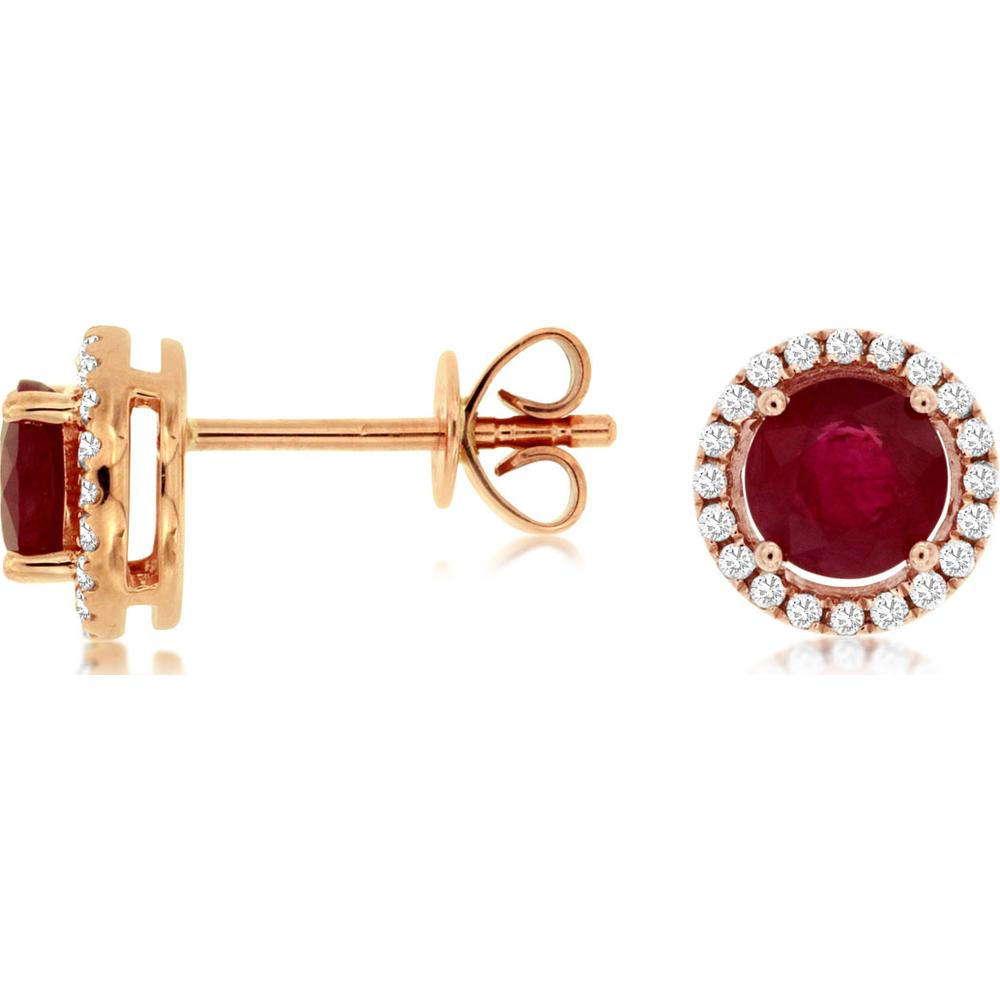 14K Rose Gold Ruby & Diamond Halo Stud Earrings - 1.44 Carats Total Ruby Weight, 0.30 Carats Total Diamond Weight