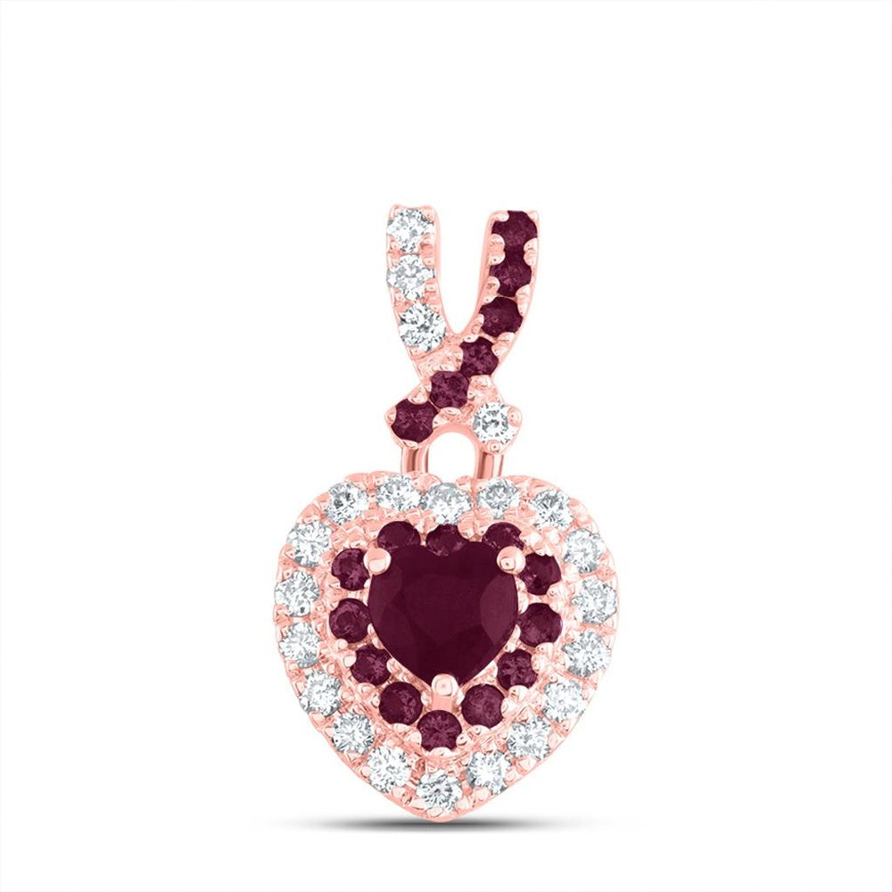 14K Rose Gold Ruby and Diamond Heart Pendant - 1/2 Carat Total Gemstone Weight