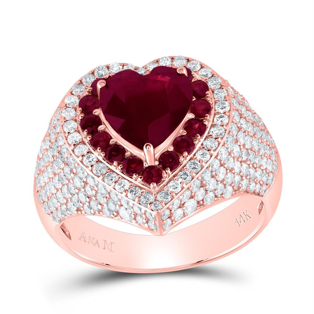 14K Rose Gold Ruby and Diamond Heart Ring - 4 3/8 Carat Total Gemstone Weight