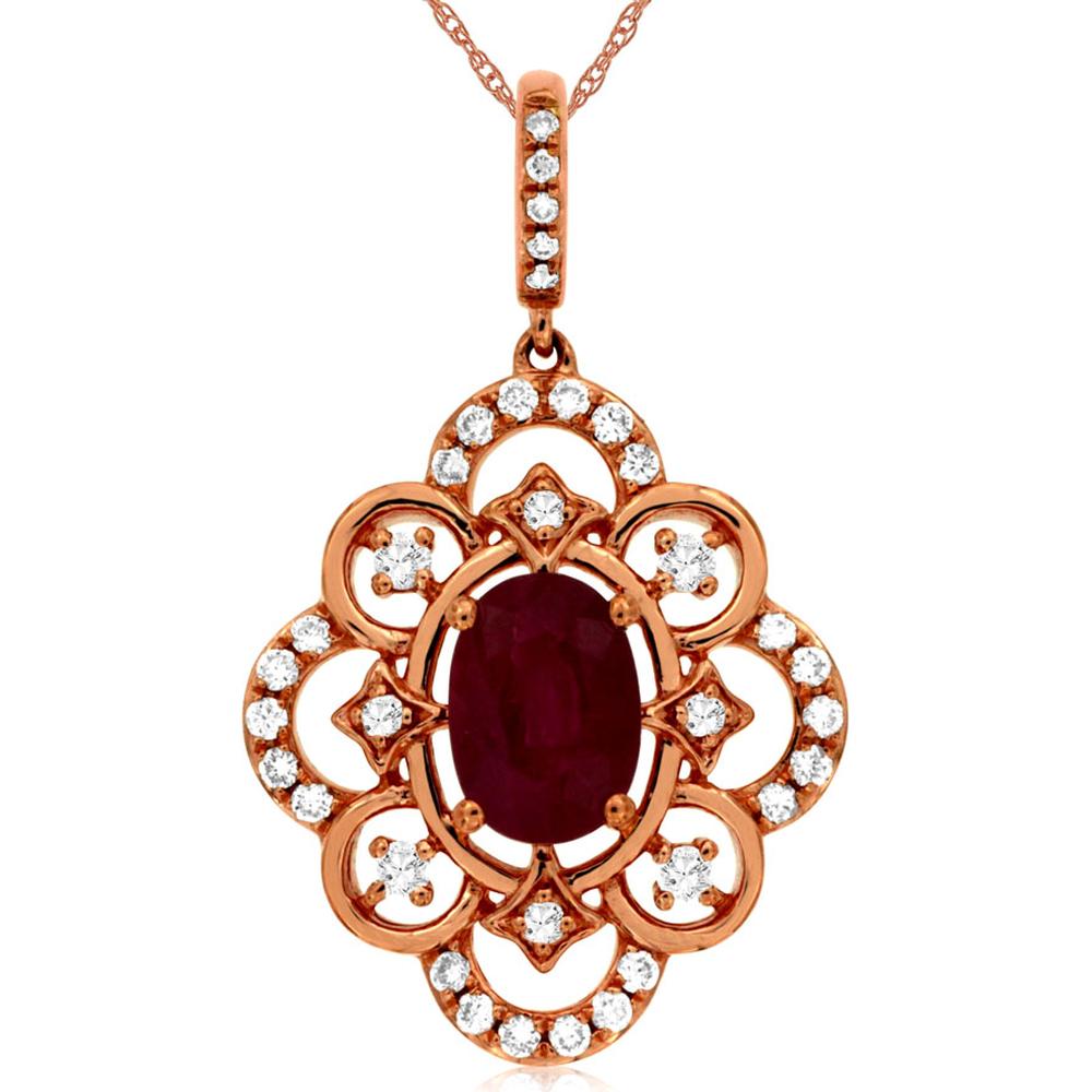 14K Rose Gold Ruby & Diamond Pendant with Oval Ruby - 0.90 Carats Ruby and 0.24 Carats Total Diamond Weight