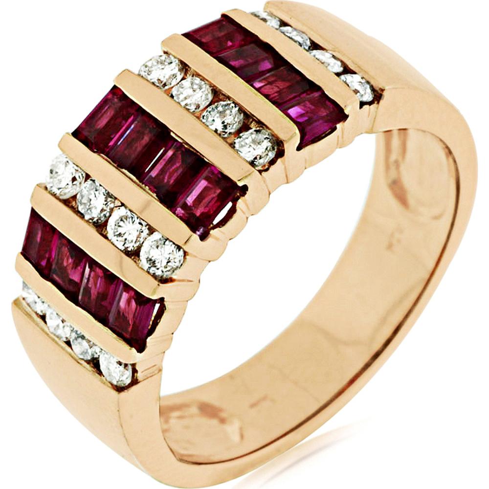 14K Rose Gold Ruby & Diamond Ring with Baguette Cut Rubies and Round Diamonds - 1.65 Carats Total Gem Weight