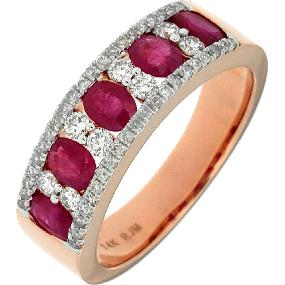 14K Rose Gold Ruby and Diamond Ring with Oval Rubies - 1.39 Carats Total Ruby Weight, 0.39 Carats Total Diamond Weight