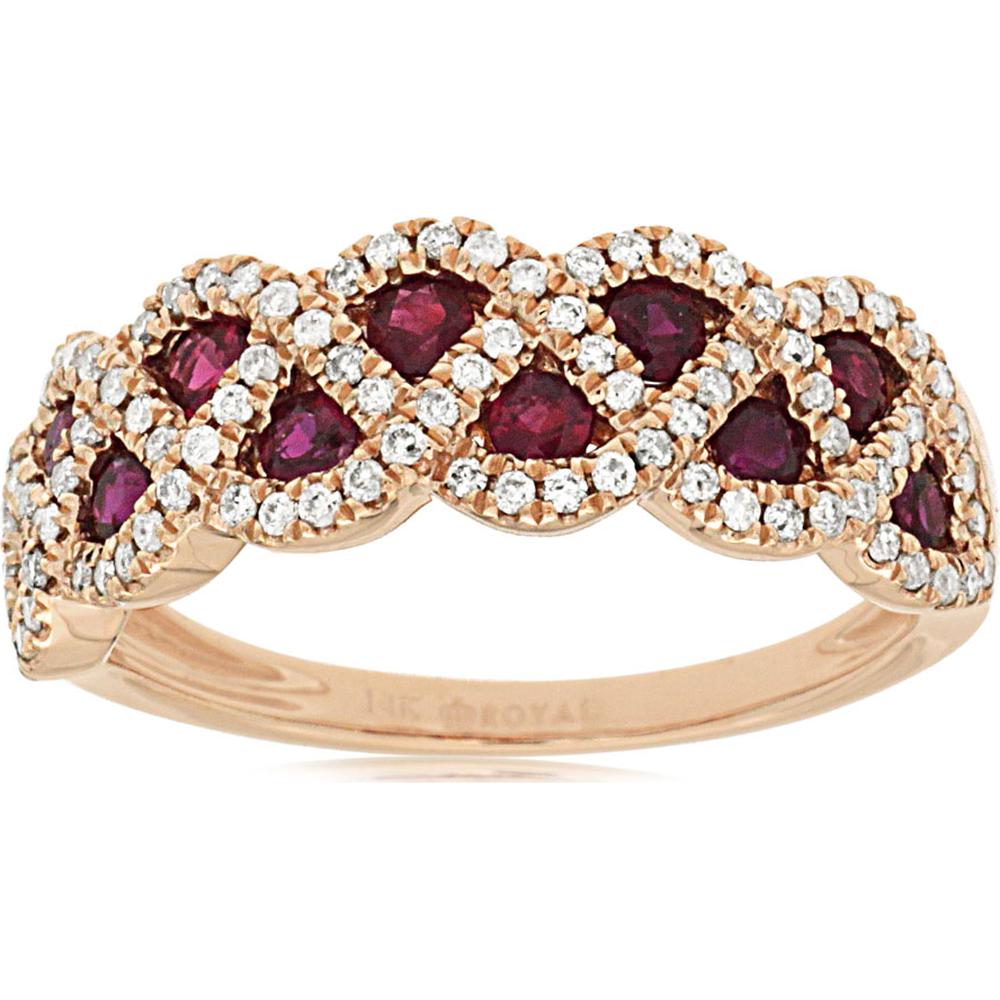 14K Rose Gold Ruby & Diamond Ring with Round Rubies and Diamond Accents