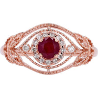 14K Rose Gold Ruby Center Ring with Halo of Diamonds - 0.08 Carat Total Diamond Weight