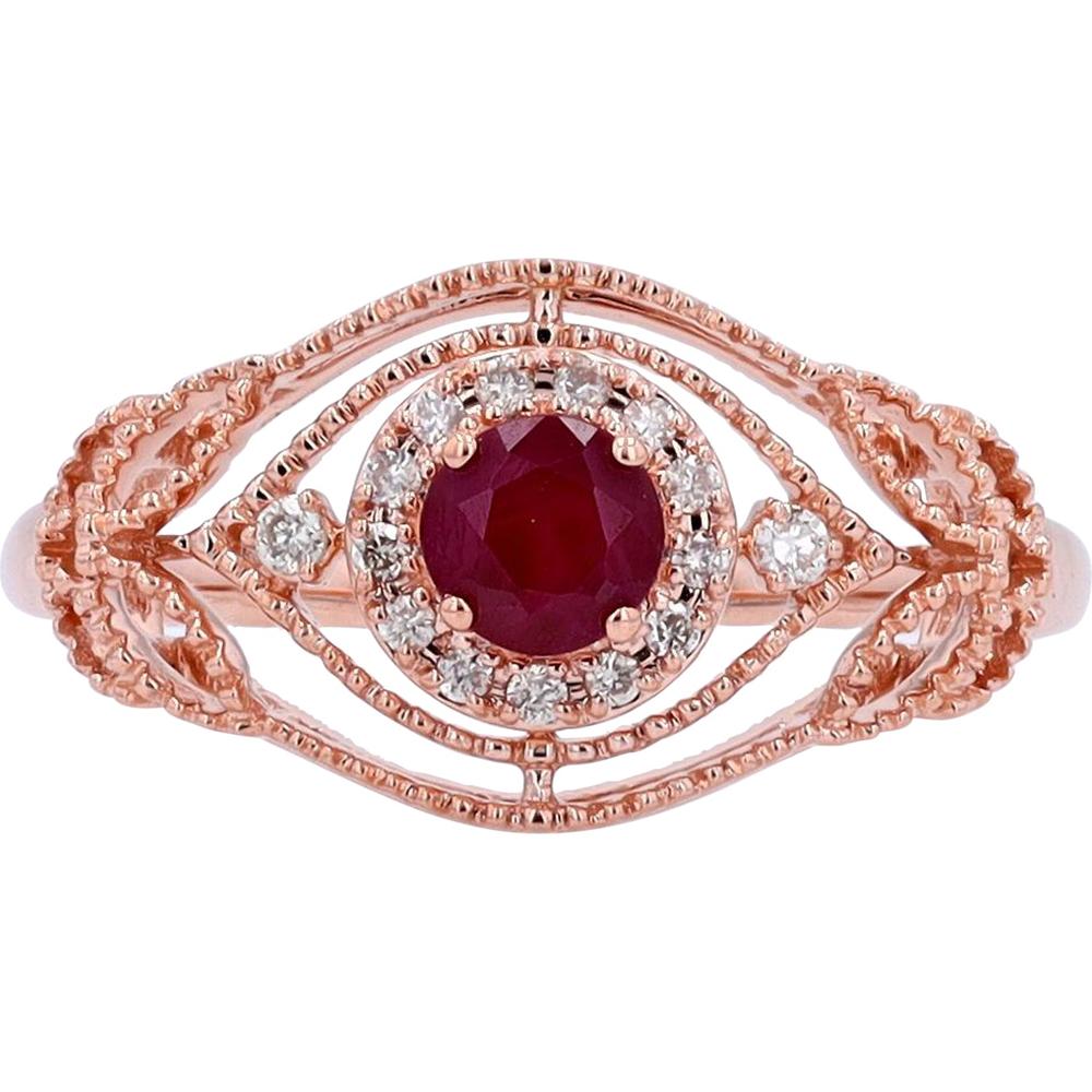 14K Rose Gold Ruby Center Ring with Halo of Diamonds - 0.08 Carat Total Diamond Weight