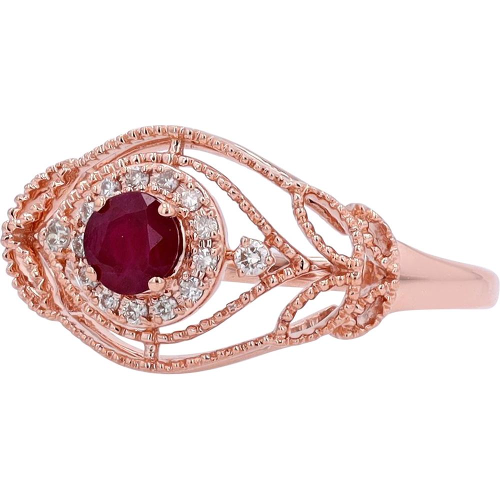 14K Rose Gold Ruby Center Ring with Halo of Diamonds - 0.08 Carat Total Diamond Weight