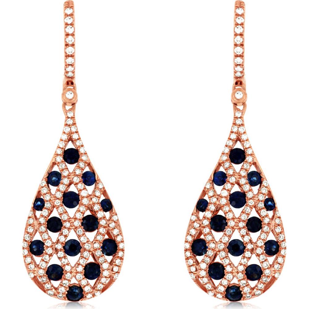 14K Rose Gold Sapphire & Diamond Drop Earrings - 1.45 Carats Total Sapphire Weight, 0.75 Carats Total Diamond Weight
