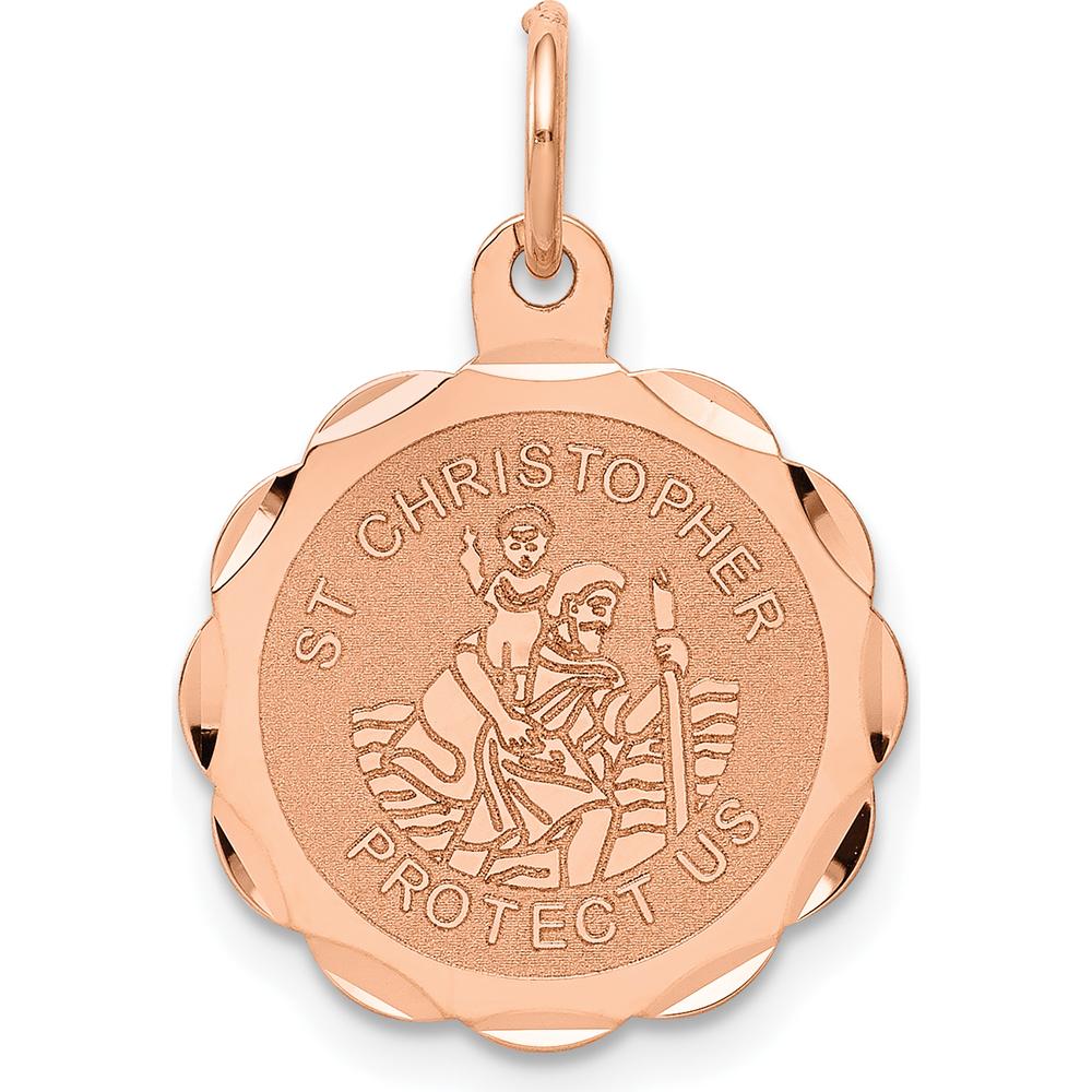 14K Rose Gold Satin and Polished Saint Christopher Medal with Scalloped Edge - 22.75mm by Oro Pregiato
