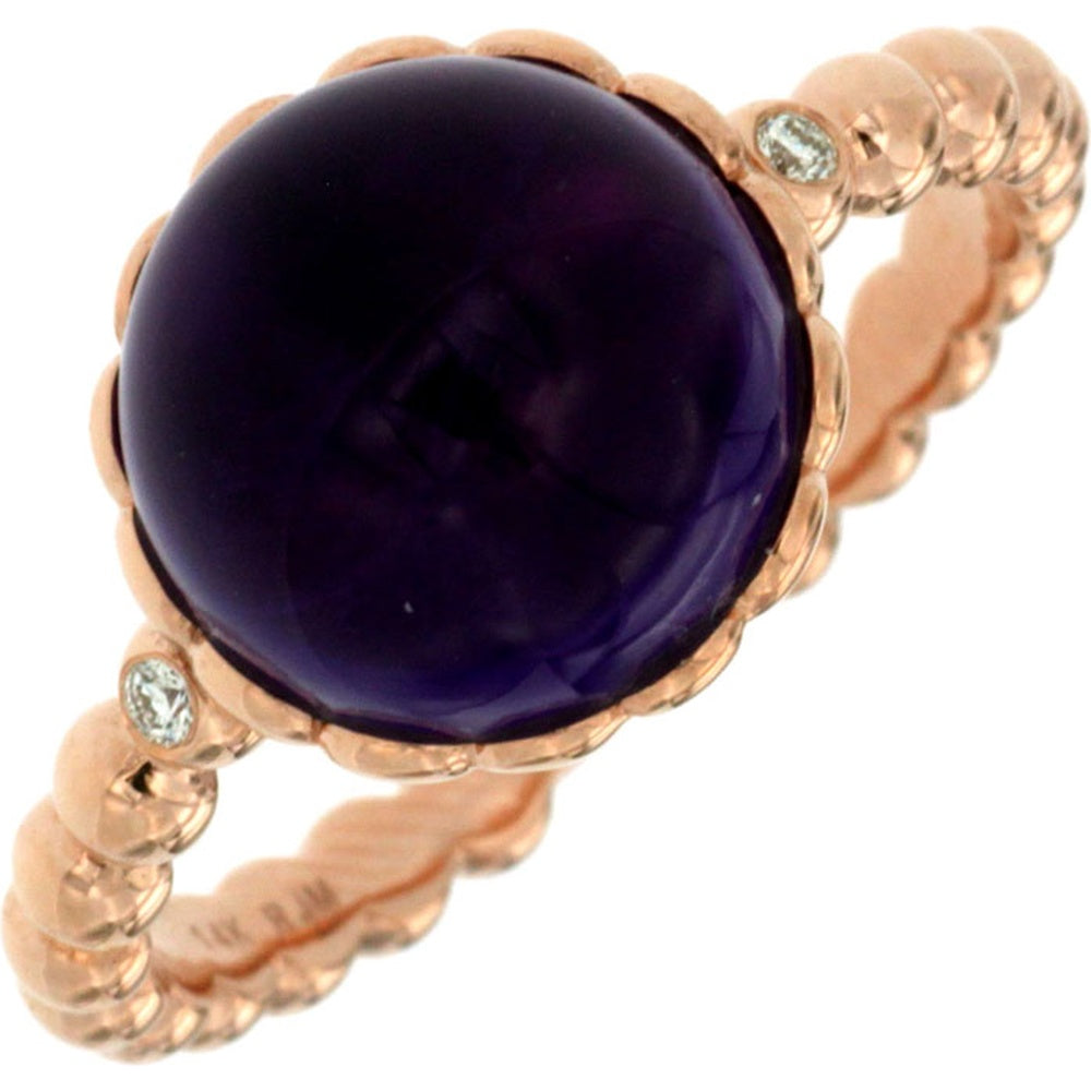 14K Rose Gold Scalloped Bezel Ring with Round Cabochon Amethyst and Flush-Set Diamond Accents - 4.60 Carat Amethyst Weight - Royal Jewelry