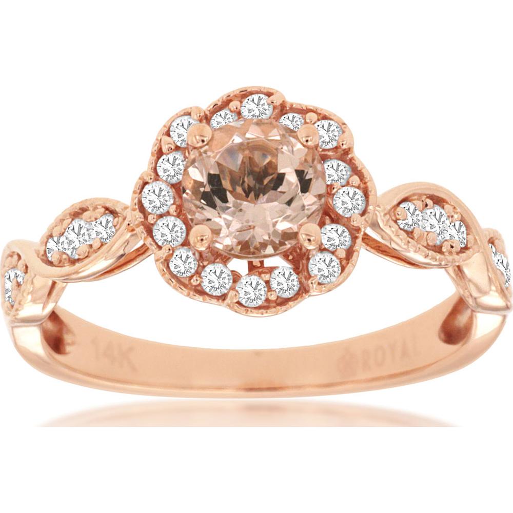 14K Rose Gold Scalloped Halo Ring with 0.50 Carat Round Morganite and 0.27 Carat Round Diamonds - Royal Jewelry