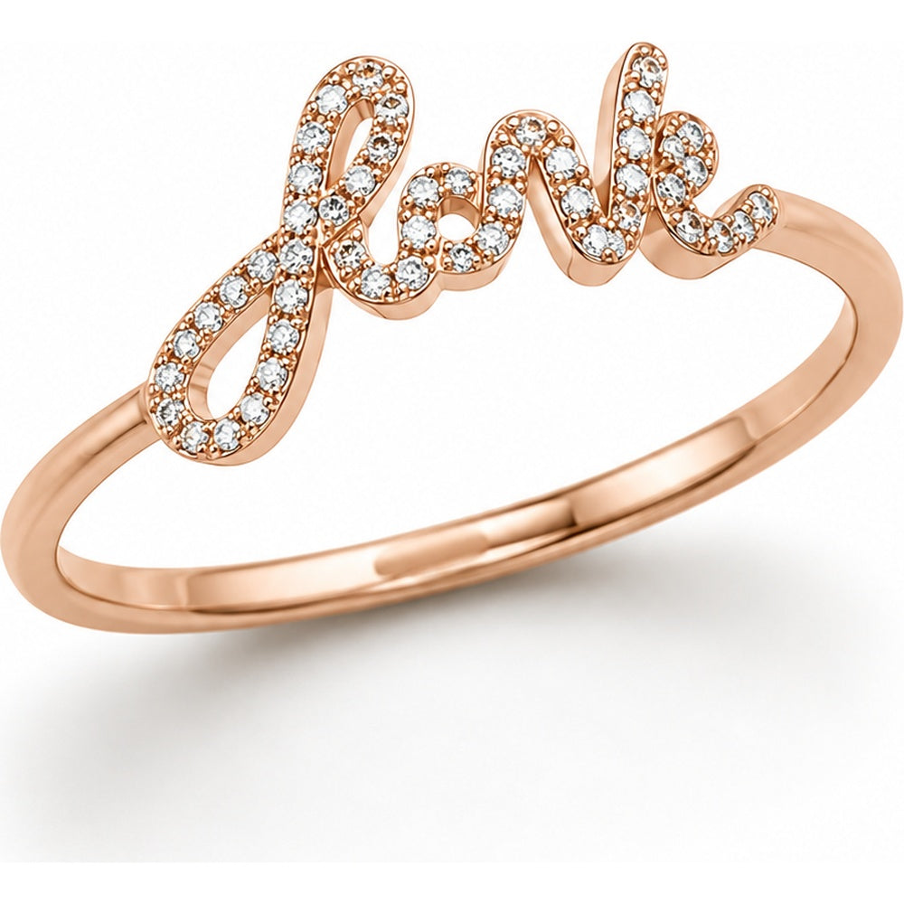14K Rose Gold Script "Love" Fashion Ring with Prong Set Round Diamonds - 0.09 Carat Total Diamond Weight by Auriventus