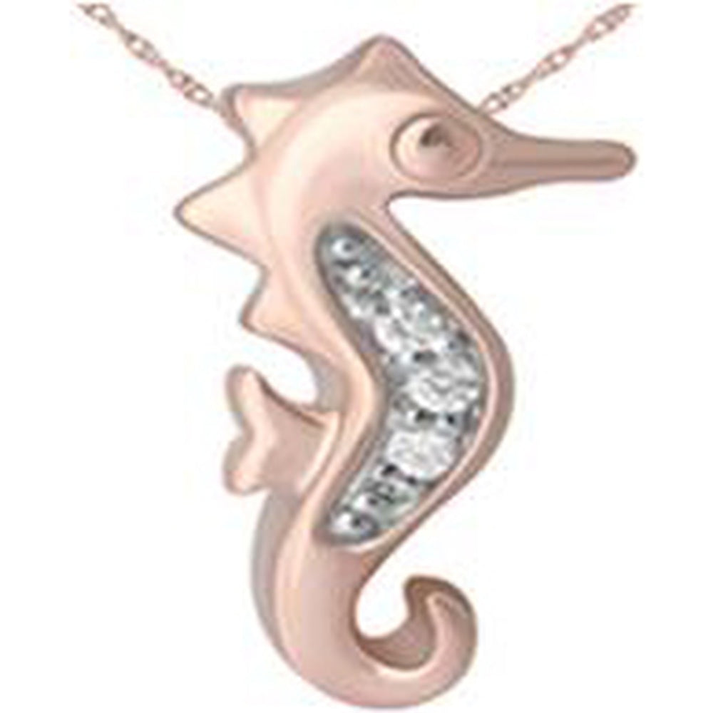 14K Rose Gold Seahorse Motif Pendant Necklace with Pavé-Set Round Diamond Accent - 0.01 Carat Total Diamond Weight - Royal Jewelry