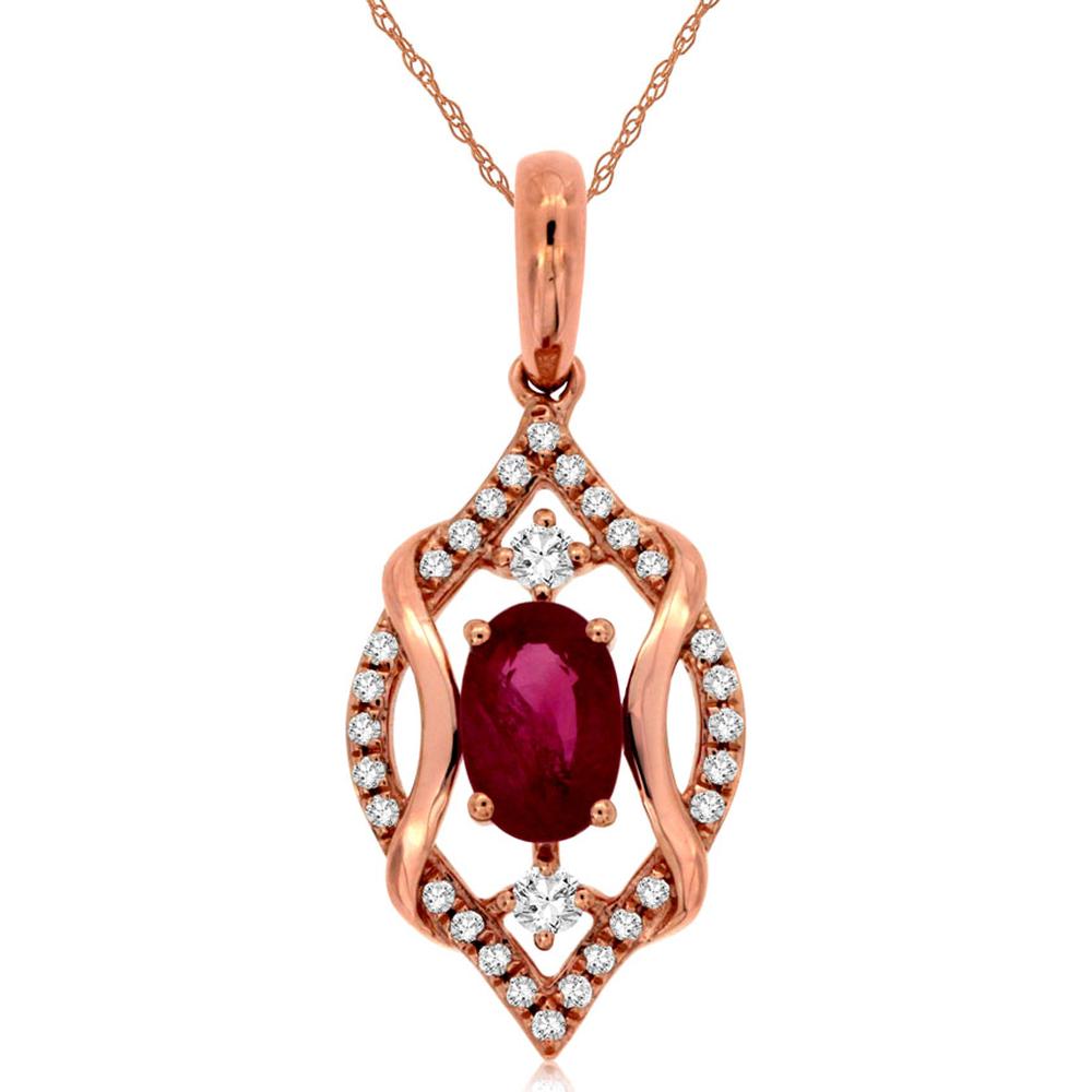 14K Rose Gold Shield Pendant with 0.60 Carat Oval Ruby and 0.12 Carat Round Diamond Accents - Royal Jewelry
