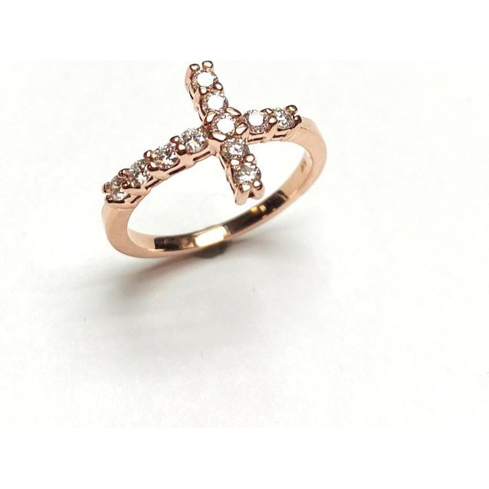 14K Rose Gold Sideways Cross Fashion Ring with Prong Set Round Diamonds - 0.54 Carat Total Diamond Weight by Auriventus
