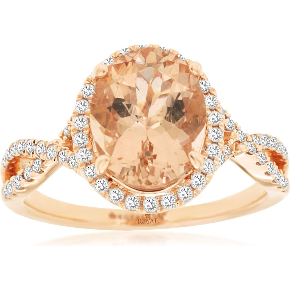 14K Rose Gold Split Shank Halo Ring with 2.60 Carat Oval Morganite and 0.30 Carat Round Diamonds - Royal Jewelry