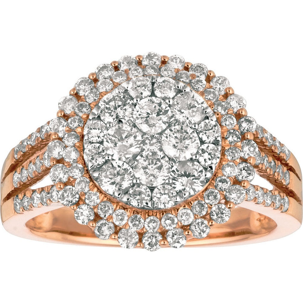 14K Rose Gold Split Shank Halo Ring with Round Diamond Cluster and Pavé Band - 1.40 Carat Total Diamond Weight - Royal Jewelry