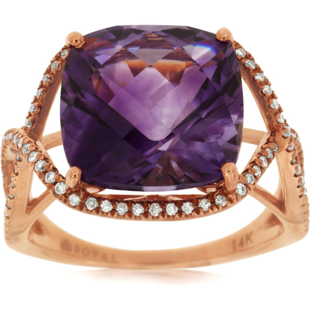 14K Rose Gold Split Shank Ring with 6.50 Carat Cushion-Cut Amethyst and 0.25 Carat Pavé-Set Round Diamonds - Royal Jewelry