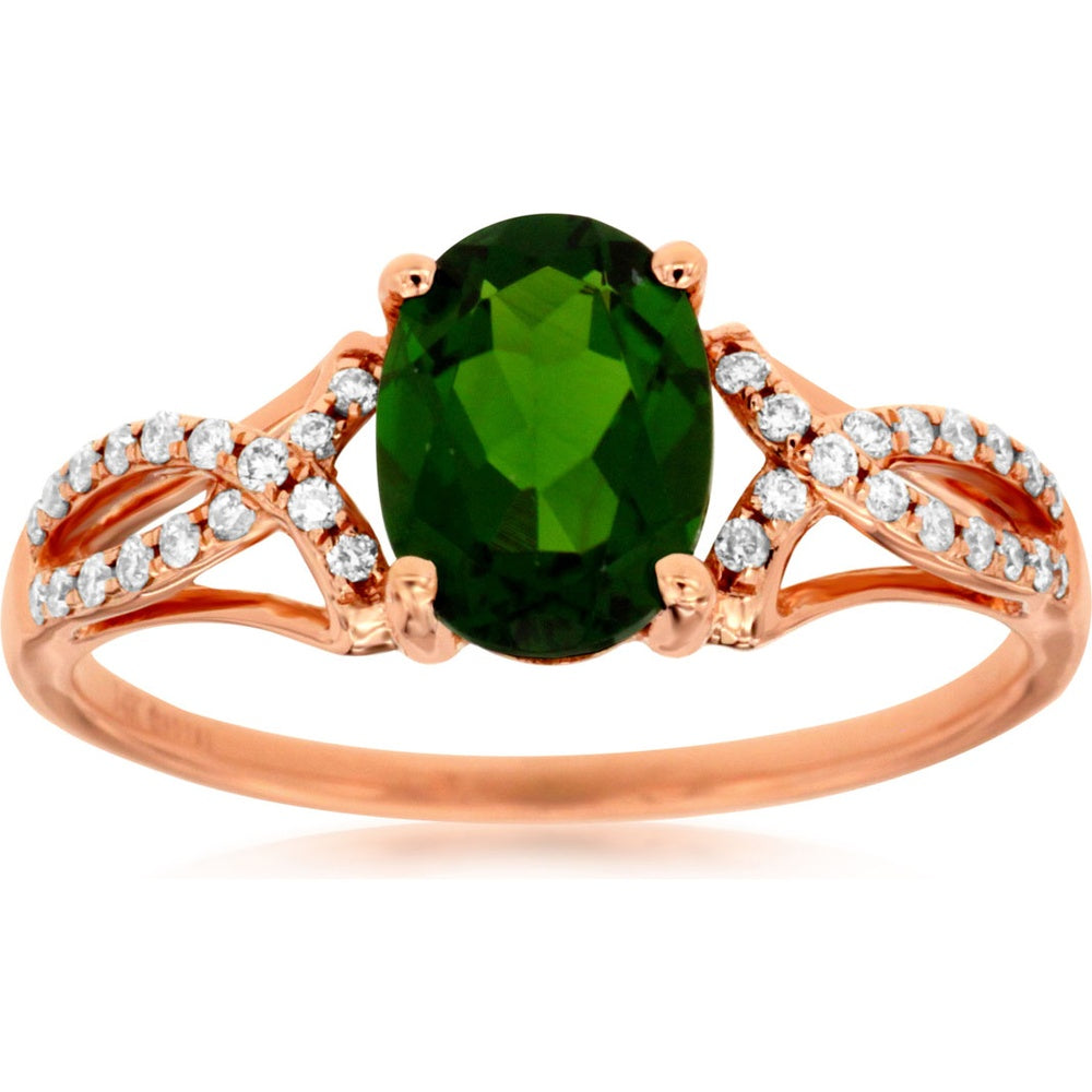 14K Rose Gold Split Shank Ring with Oval-Cut Russalite and Pavé-Set Round Diamonds - 1.30 Carat Russalite and 0.14 Carat Diamond Total Weight - Royal Jewelry