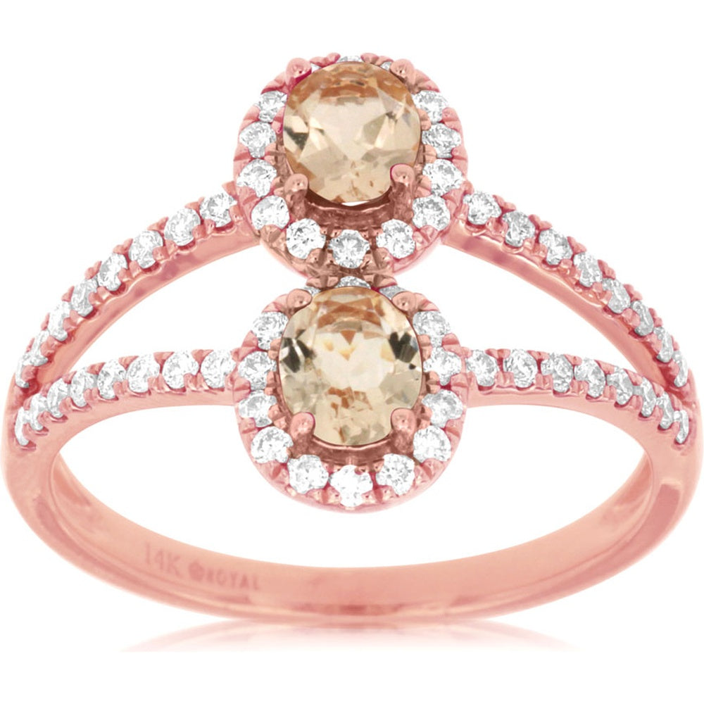 14K Rose Gold Split Shank Ring with Oval Morganite and Diamond Halo - 0.56 Carat Morganite and 0.40 Carat Total Diamond Weight - Royal Jewelry