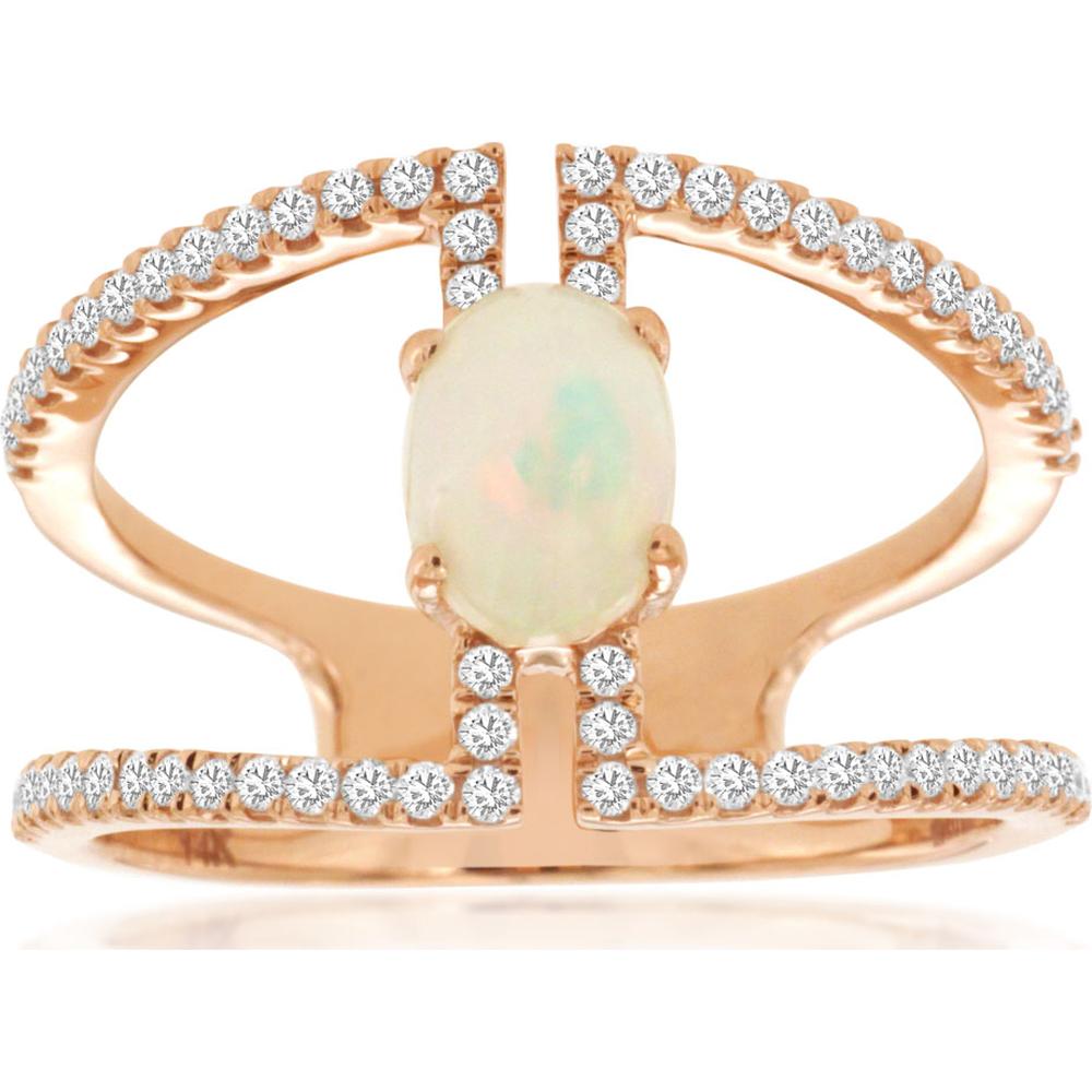 14K Rose Gold Split Shank Ring with Oval Opal and Pavé Set Round Diamonds - 0.50 Carat Opal and 0.35 Carat Total Diamond Weight - Royal Jewelry