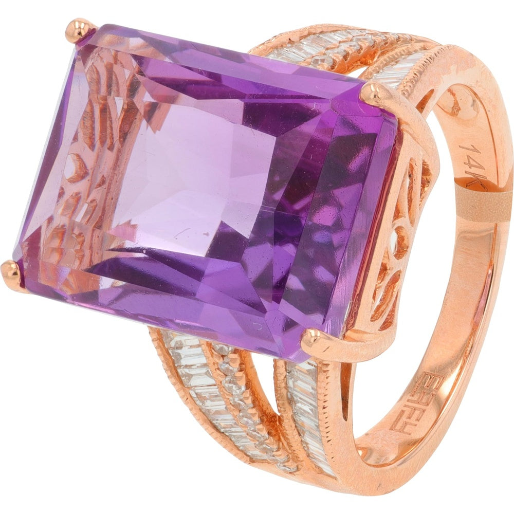 14K Rose Gold Split-Shank Ring with Rectangular Amethyst and Baguette Diamond Accents - 13.00 Carat Total Gem Weight