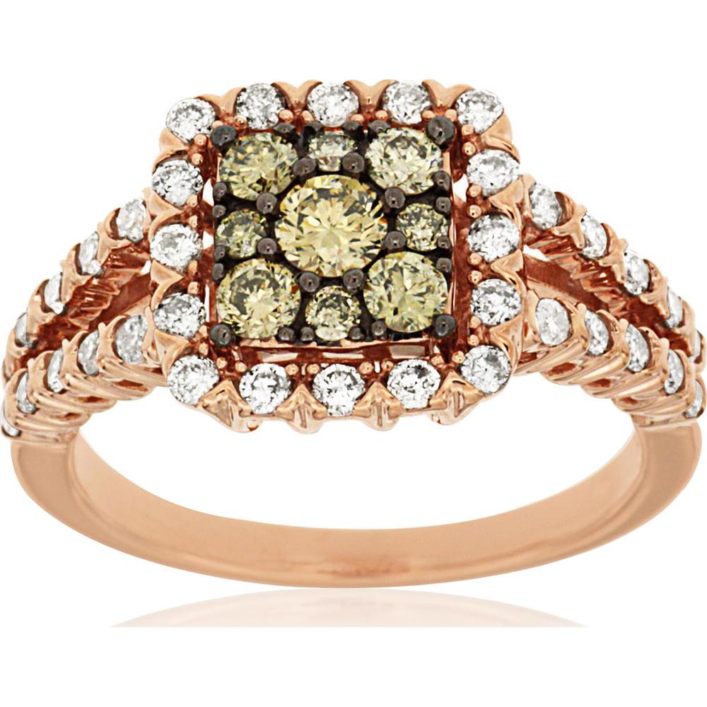14K Rose Gold Square Halo Ring with Round Mocha Diamond Cluster and White Diamond Accents - 1.00 Carat Total Diamond Weight - Royal Jewelry