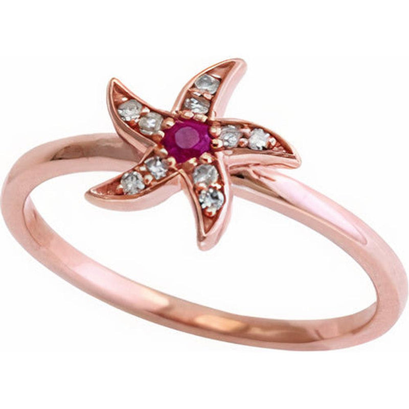 14K Rose Gold Starfish Ring with Ruby and Diamond - 0.07 Carat Ruby, 0.09 Carat Diamond Total Weight