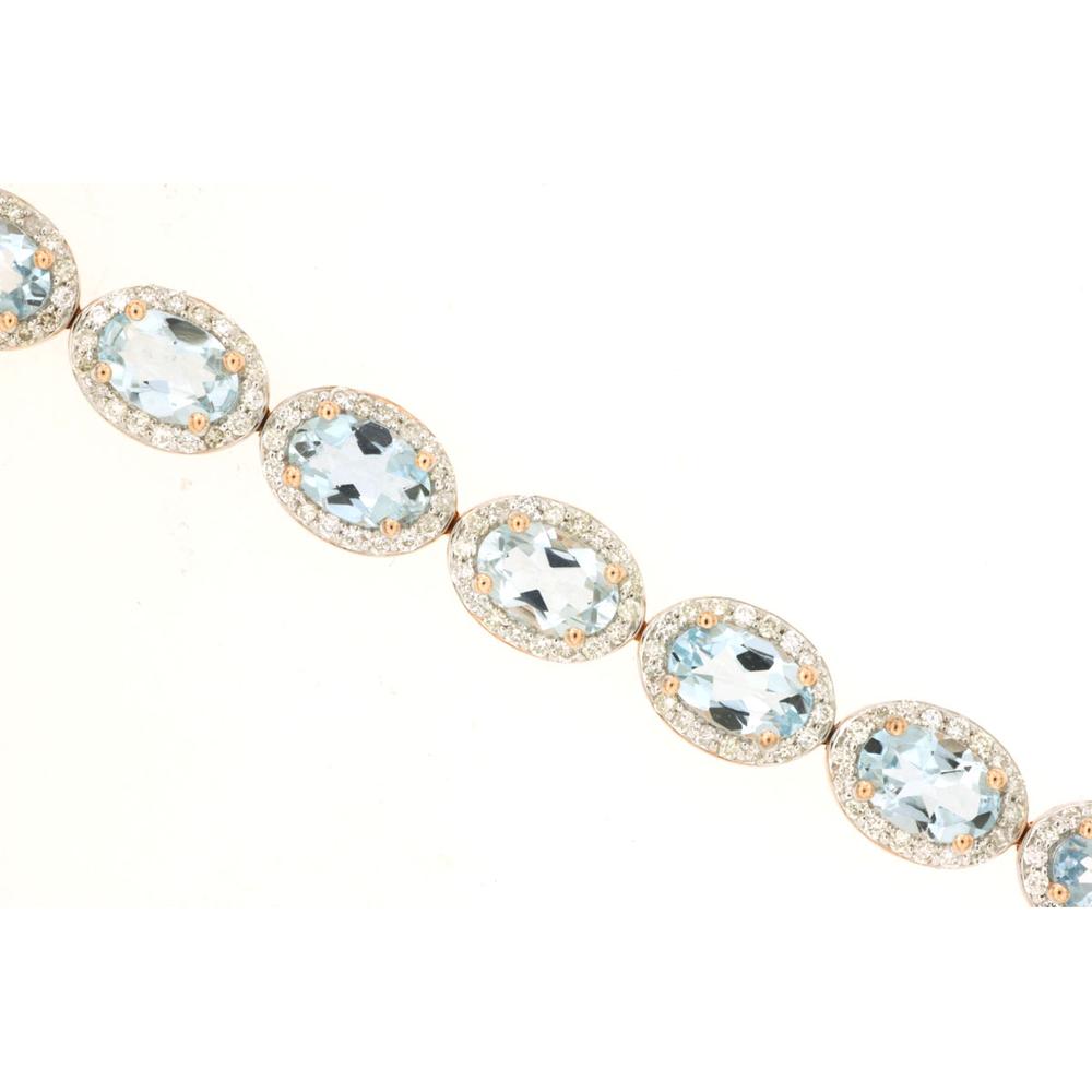 14K Rose Gold Station Bracelet with Oval Aquamarine and Diamond Halos - 8.40 Carat Total Aquamarine Weight, 1.40 Carat Total Diamond Weight - Royal Jewelry