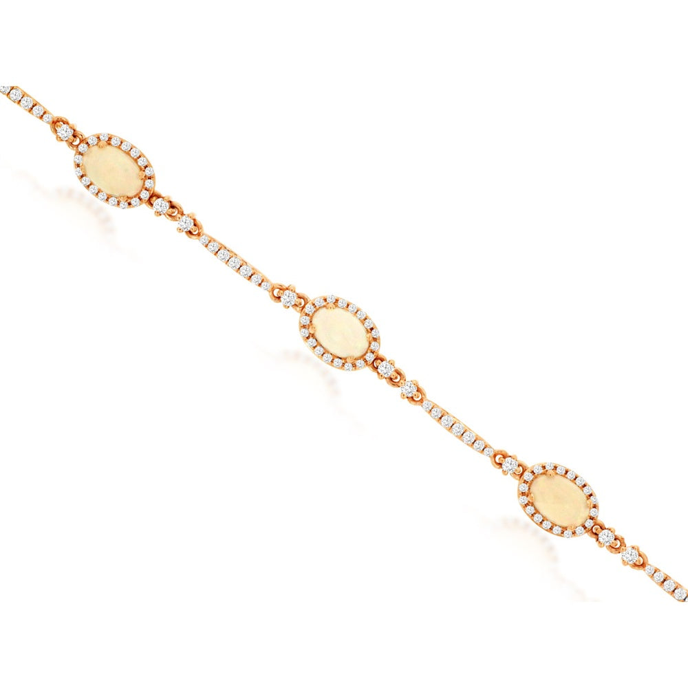 14K Rose Gold Station Bracelet with Oval Opals and Diamond Halo Accents - 1.80 Carat Total Opal Weight and 0.90 Carat Total Diamond Weight - Royal Jewelry