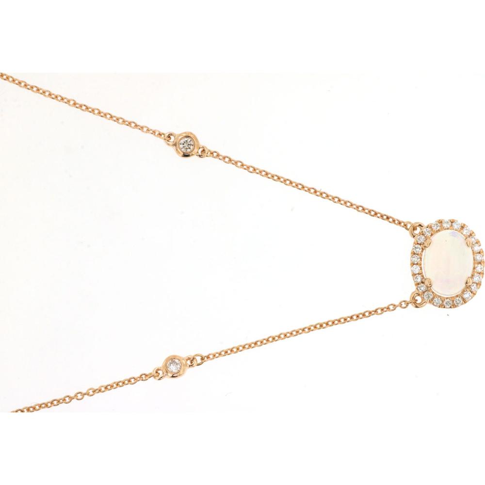 14K Rose Gold Station Necklace with Oval Opal and Diamond Halo - 0.90 Carat Opal and 0.27 Carat Total Diamond Weight - Royal Jewelry