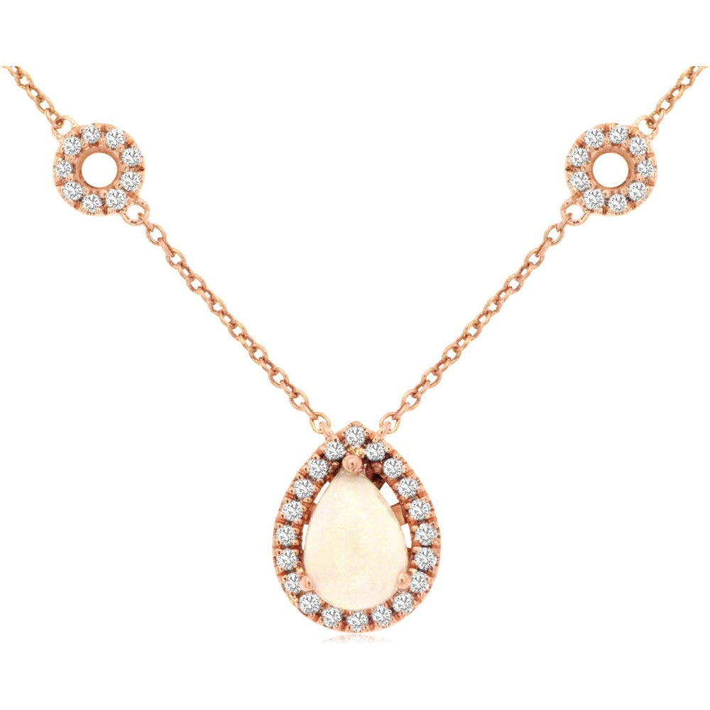 14K Rose Gold Station Necklace with Pear-Shape Opal and Diamond Halo - 0.40 Carat Opal and 0.25 Carat Total Diamond Weight - Royal Jewelry