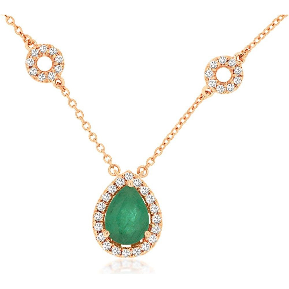 14K Rose Gold Station Necklace with Pear-Shaped Emerald and Diamond Halo - 0.68 Carat Emerald and 0.25 Carat Total Diamond Weight - Royal Jewelry