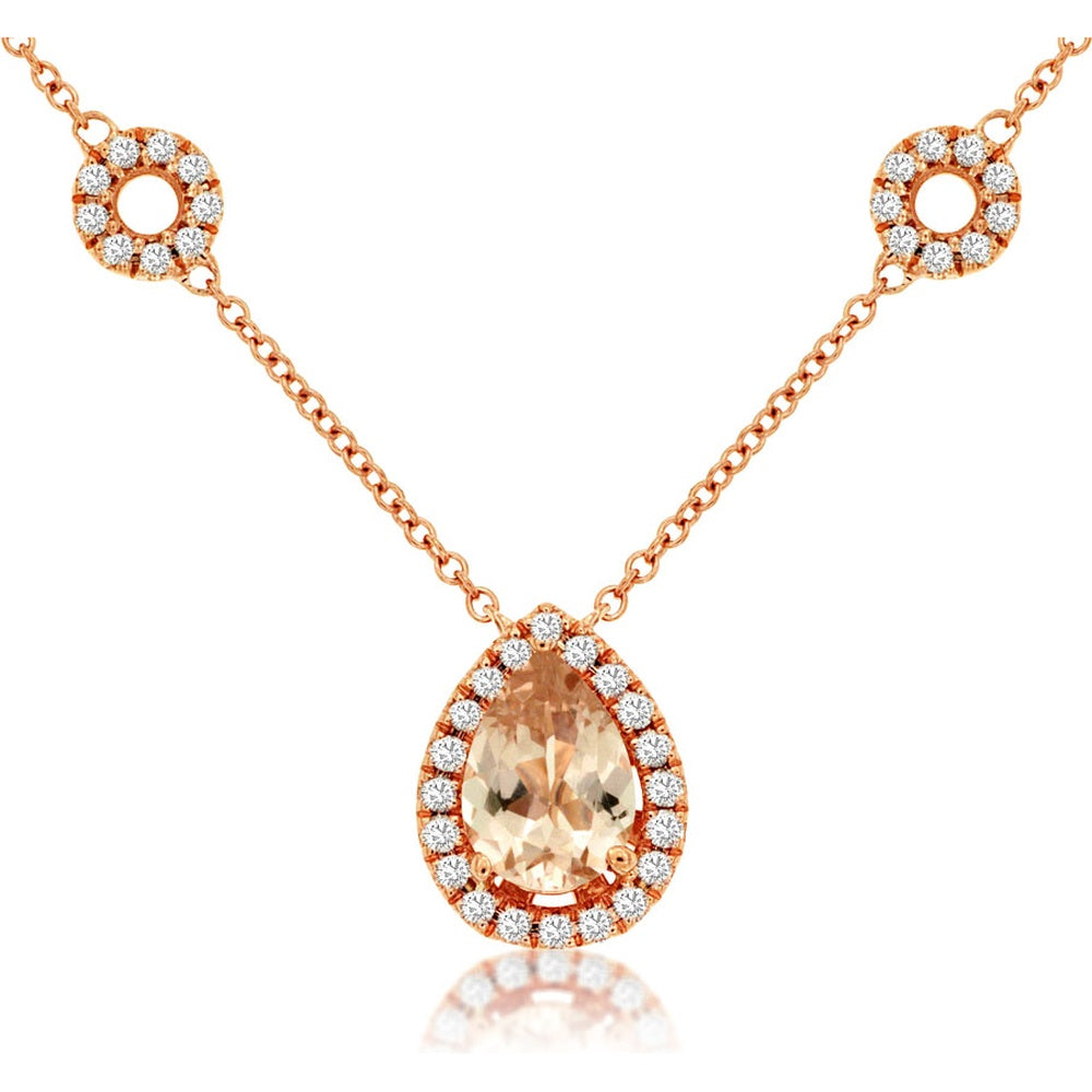 14K Rose Gold Station Necklace with Pear-Shaped Morganite and Diamond Halo Accents - 0.65 Carat Morganite and 0.25 Carat Total Diamond Weight - Royal Jewelry