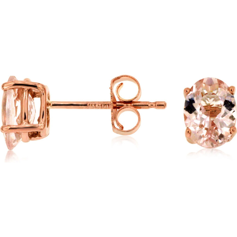 14K Rose Gold Stud Earrings with 4-Prong Set Oval Morganite - 1.32 Carat Total Gem Weight - Royal Jewelry