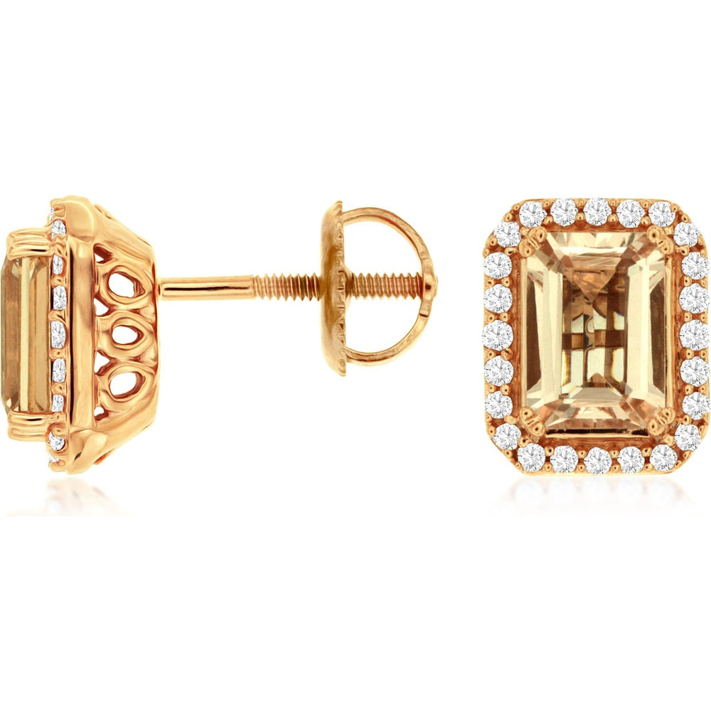 14K Rose Gold Stud Earrings with Emerald-Cut Morganite and Diamond Halo - 1.90 Carat Total Morganite Weight and 0.20 Carat Total Diamond Weight - Royal Jewelry