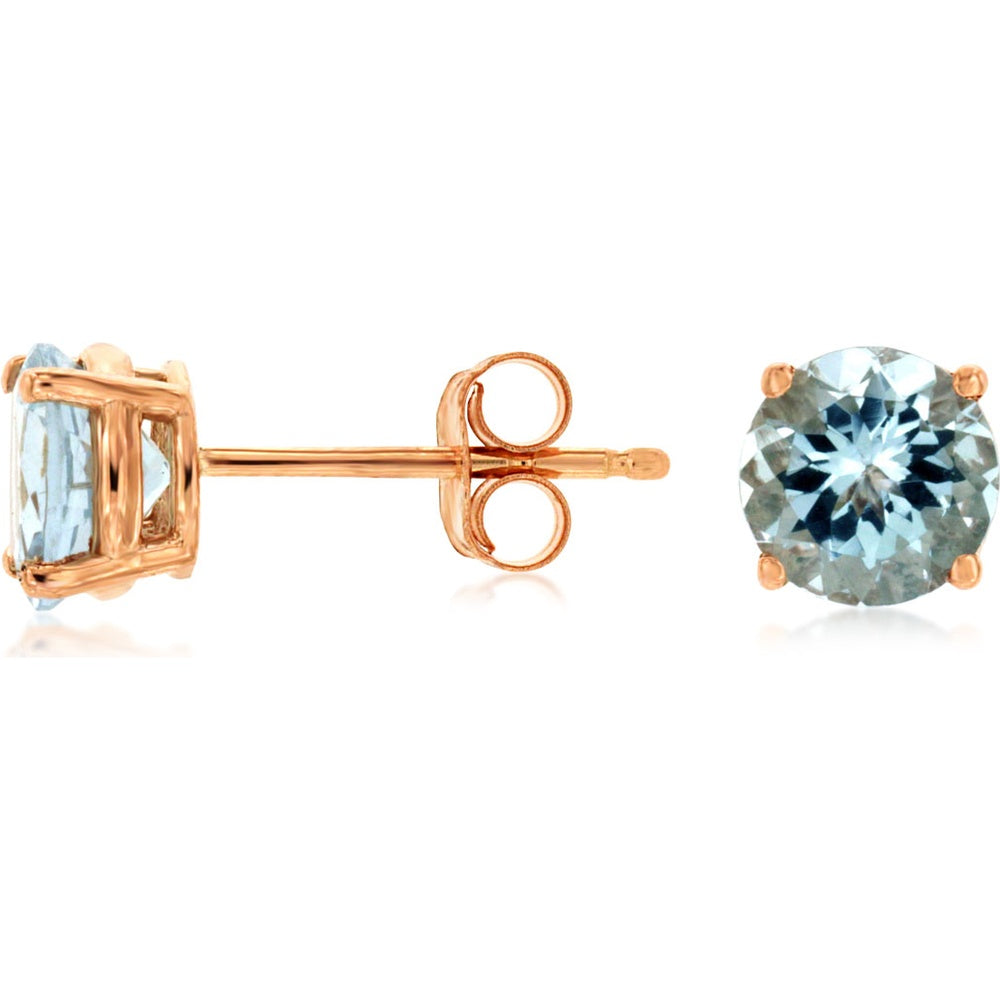 14K Rose Gold Stud Earrings with Four-Prong Set Round Aquamarines - 1.55 Carat Total Gem Weight - Royal Jewelry
