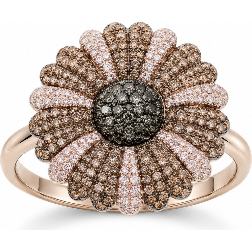 14K Rose Gold Sunburst Flower Ring with Pavé Set Cognac and Champagne Diamonds - 3.18 Carat Total Diamond Weight by Auriventus