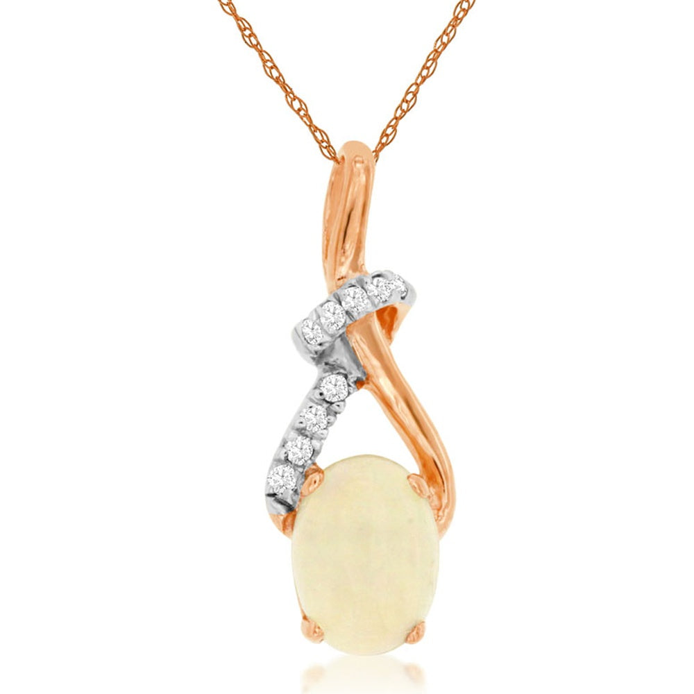 14K Rose Gold Swirl Pendant Necklace with Oval Opal and Round Diamonds - 0.50 Carat Opal and 0.06 Carat Total Diamond Weight - Royal Jewelry
