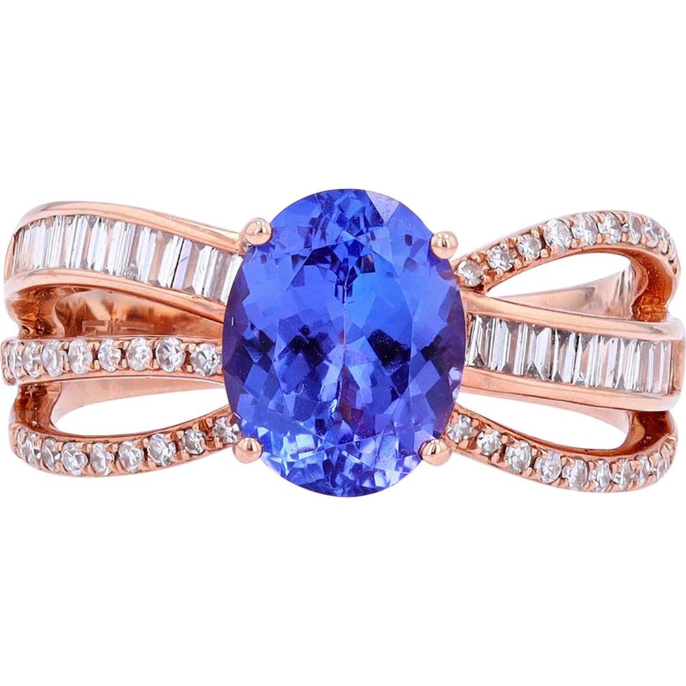 14K Rose Gold Tanzanite Oval Ring with Diamond Accents - 1.71 Carat Tanzanite, 0.35 Carat Total Diamond Weight