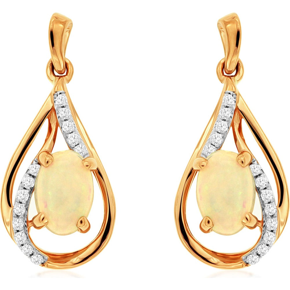 14K Rose Gold Teardrop Drop Earrings with Oval Opals and Diamond Accents - 0.60 Carat Total Opal Weight and 0.10 Carat Total Diamond Weight - Royal Jewelry
