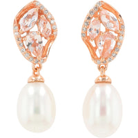 14K Rose Gold Teardrop Pearl Drop Earrings with Blush Faceted Gemstones and 0.10 Carat Total Diamond Accents