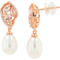 14K Rose Gold Teardrop Pearl Drop Earrings with Blush Faceted Gemstones and 0.10 Carat Total Diamond Accents