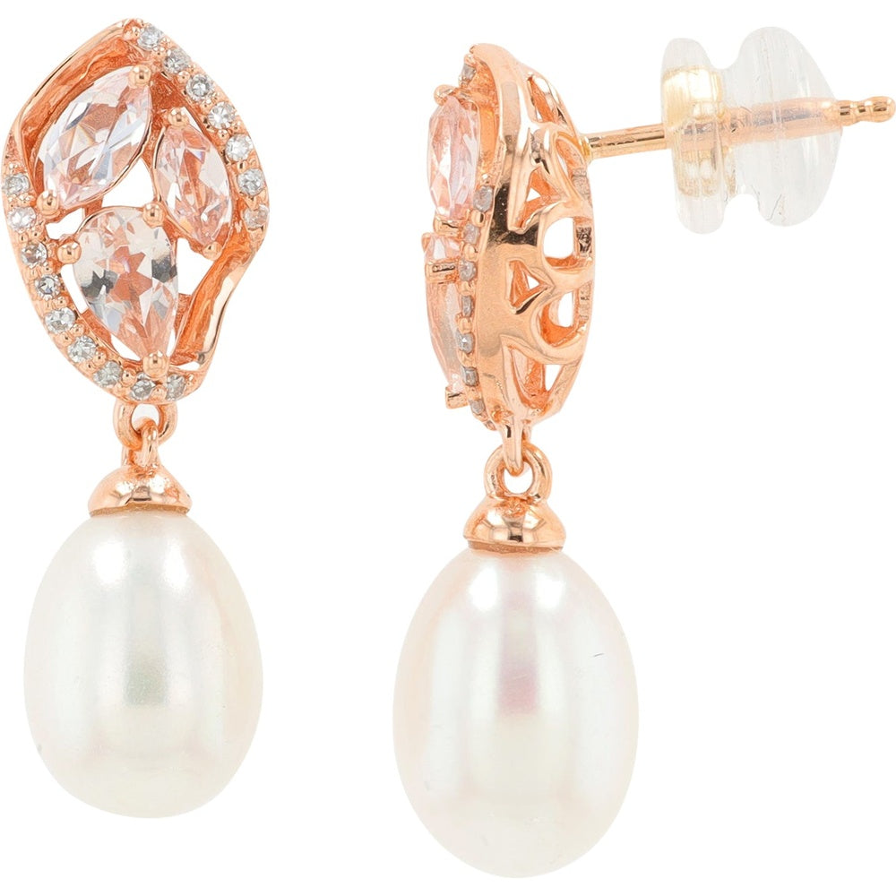 14K Rose Gold Teardrop Pearl Drop Earrings with Blush Faceted Gemstones and 0.10 Carat Total Diamond Accents