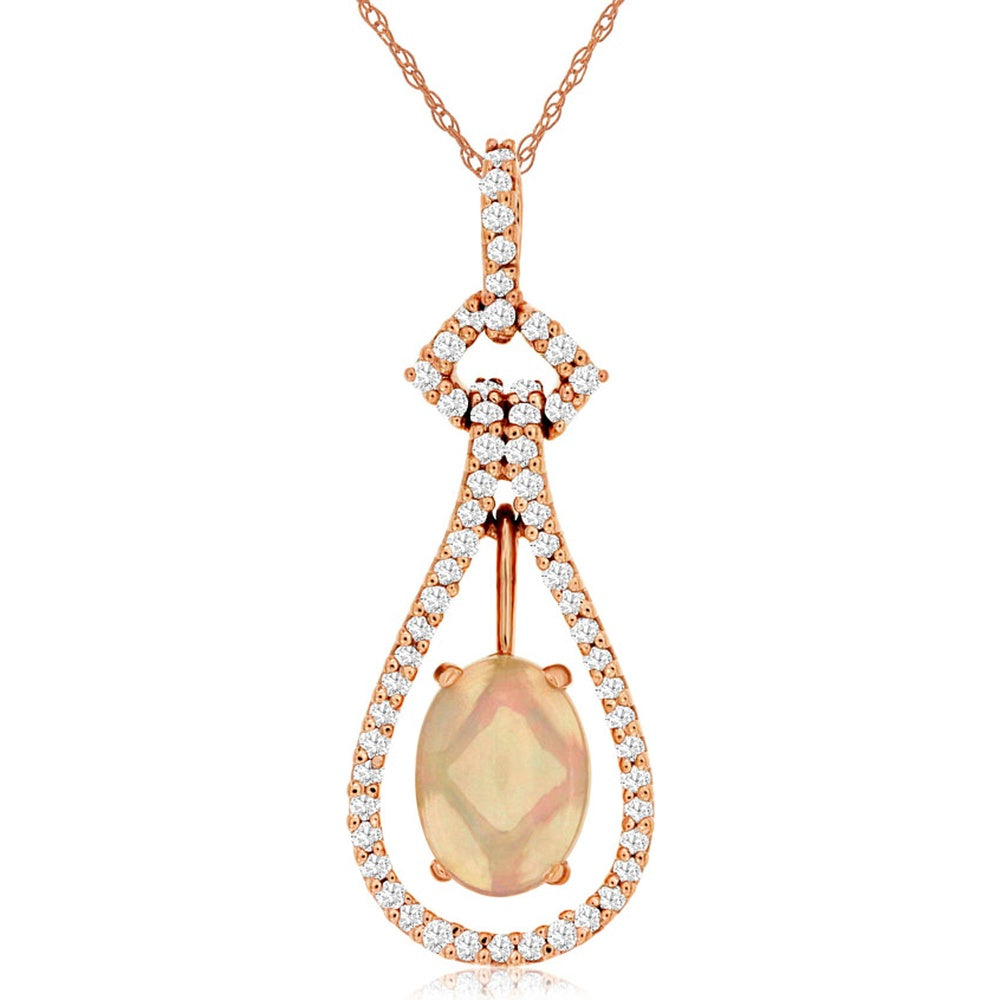 14K Rose Gold Teardrop Pendant Necklace with 0.90 Carat Oval Opal and 0.22 Carat Total Diamond Accents - Royal Jewelry