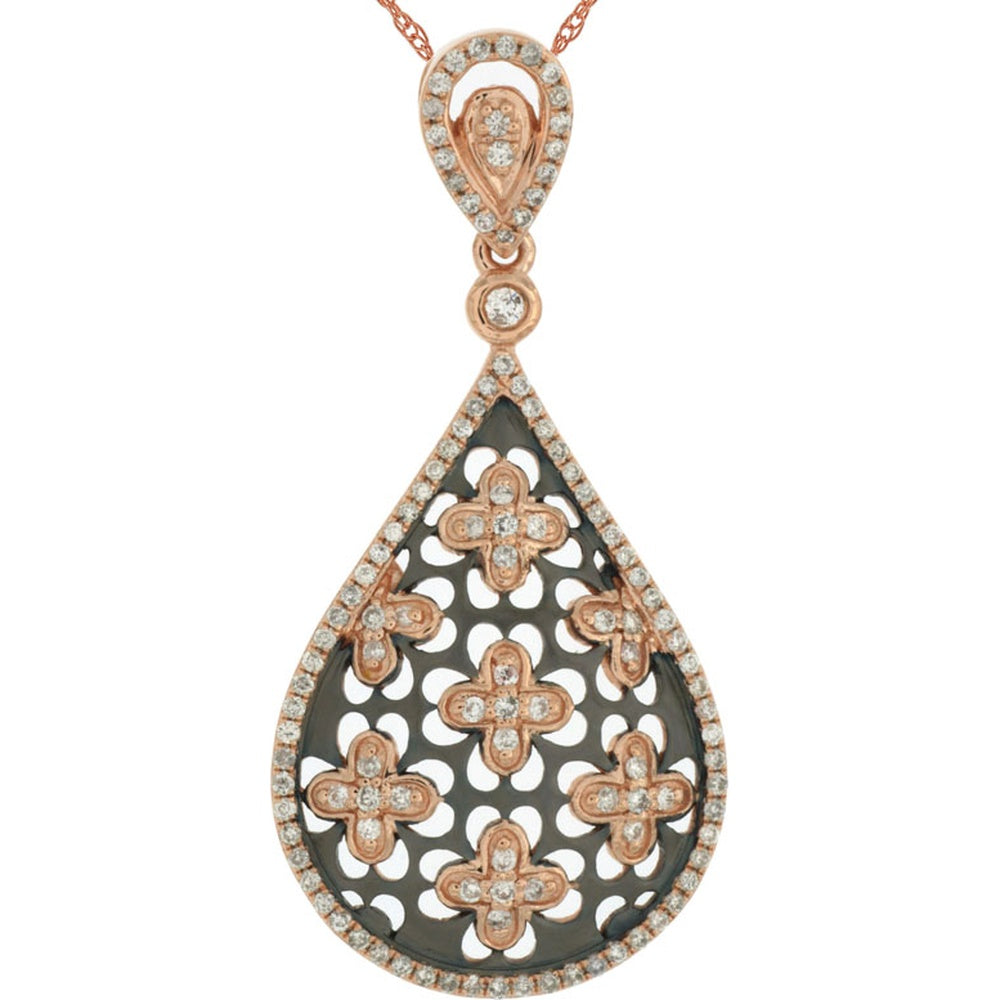 14K Rose Gold Teardrop Pendant with Floral Quatrefoil Motif and Pavé Set Round Diamonds - 0.41 Carat Total Diamond Weight - Royal Jewelry