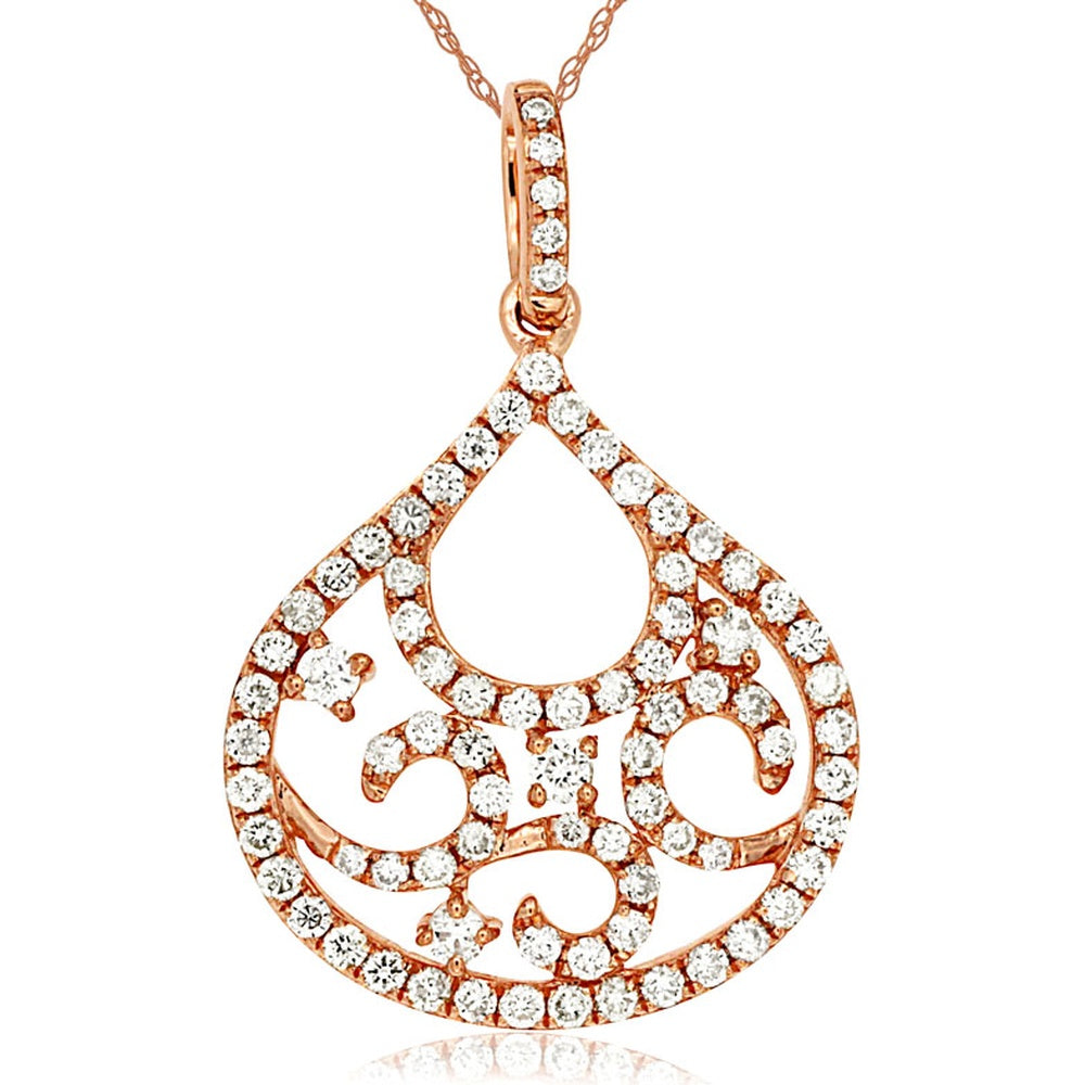 14K Rose Gold Teardrop Pendant with Openwork Design and Round Diamonds - 0.45 Carat Total Diamond Weight - Royal Jewelry