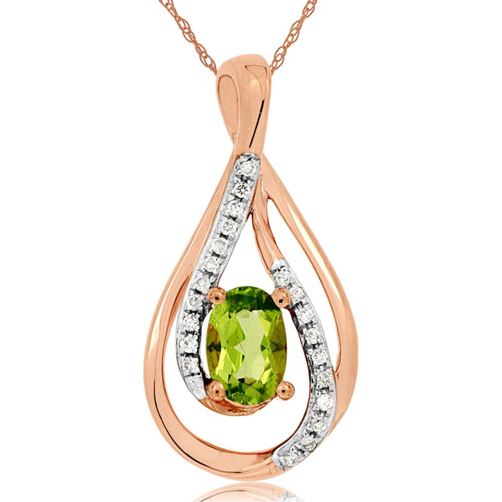 14K Rose Gold Teardrop Pendant with Oval Peridot and Diamond Accents - 0.45 Carat Peridot, 0.08 Carat Total Diamond Weight - Royal Jewelry